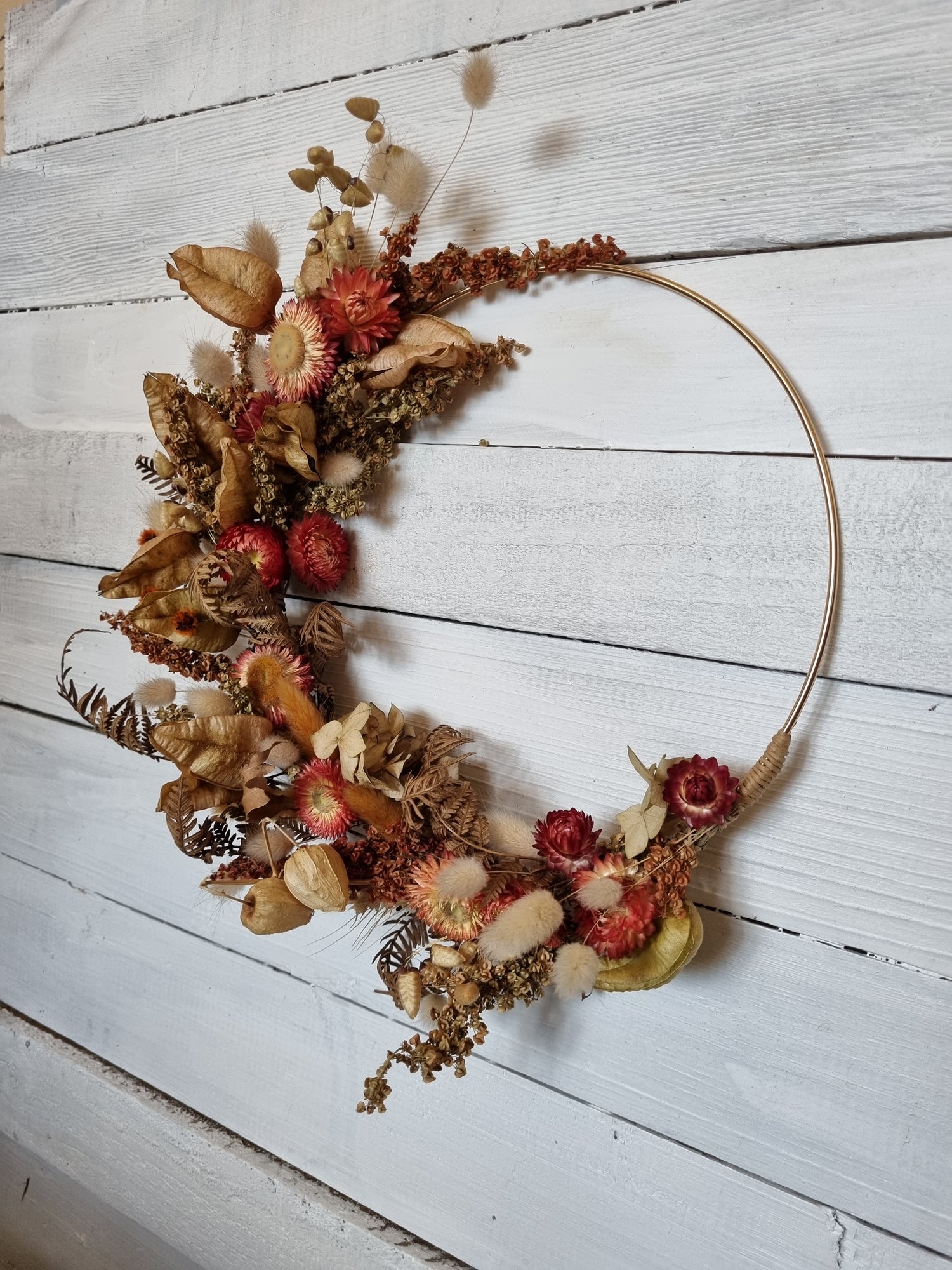Rustic Autumnal Dried Floral Wreath on Gold Hoop Base